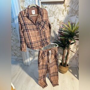 Aerie Brown and Blue Plaid PJ jogger set